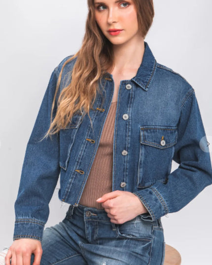 Love Tree Raw Hem Button Up Cropped Denim Jacket - THE AMERICAN BLUE