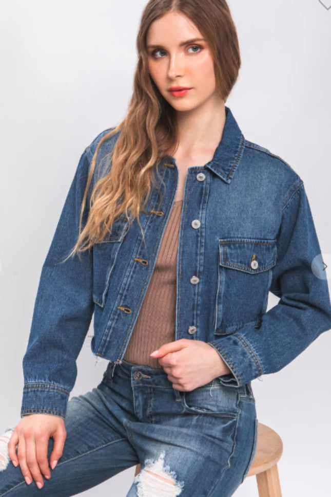 Love Tree Raw Hem Button Up Cropped Denim Jacket - THE AMERICAN BLUE