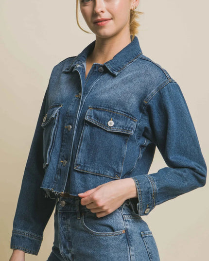 Love Tree Raw Hem Button Up Cropped Denim Jacket - THE AMERICAN BLUE
