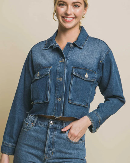 Love Tree Raw Hem Button Up Cropped Denim Jacket - THE AMERICAN BLUE