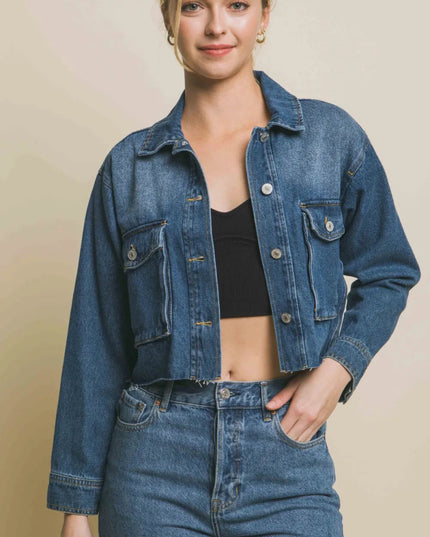 Love Tree Raw Hem Button Up Cropped Denim Jacket - THE AMERICAN BLUE