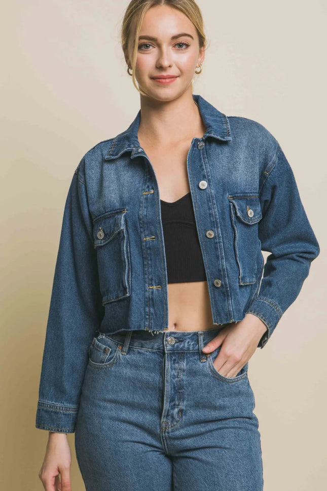 Love Tree Raw Hem Button Up Cropped Denim Jacket - THE AMERICAN BLUE