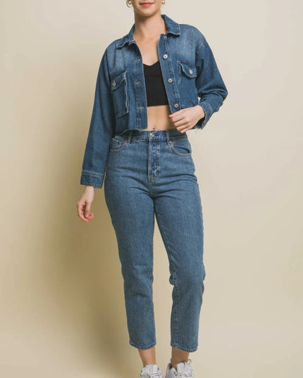 Love Tree Raw Hem Button Up Cropped Denim Jacket - THE AMERICAN BLUE