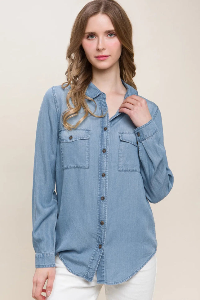 Love Tree Scooped Hem Button Up Denim Shirt - THE AMERICAN BLUE
