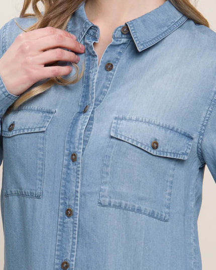 Love Tree Scooped Hem Button Up Denim Shirt - THE AMERICAN BLUE