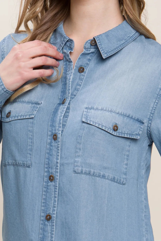 Love Tree Scooped Hem Button Up Denim Shirt - THE AMERICAN BLUE