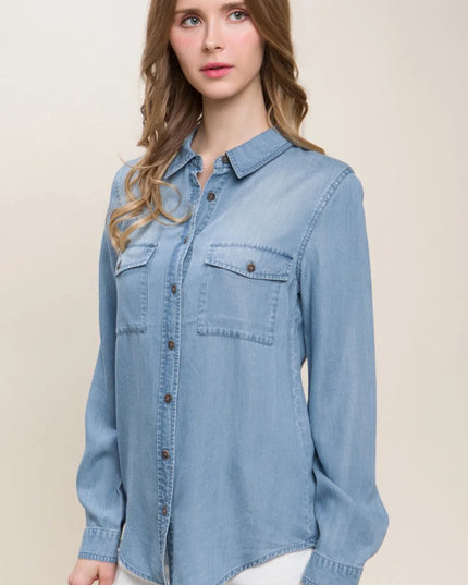 Love Tree Scooped Hem Button Up Denim Shirt - THE AMERICAN BLUE