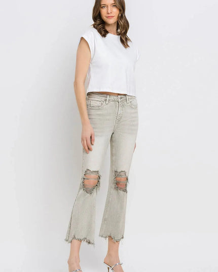 Lovervet Distressed Raw Hem Cropped Flare Jeans - THE AMERICAN BLUE
