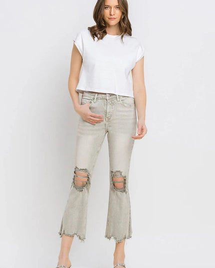 Lovervet Distressed Raw Hem Cropped Flare Jeans - THE AMERICAN BLUE
