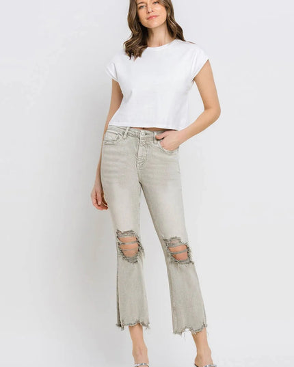 Lovervet Distressed Raw Hem Cropped Flare Jeans - THE AMERICAN BLUE