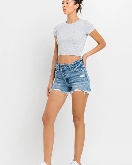 Lovervet Stepped Waist Raw Hem Denim Shorts - THE AMERICAN BLUE