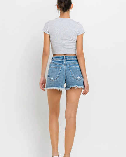 Lovervet Stepped Waist Raw Hem Denim Shorts - THE AMERICAN BLUE