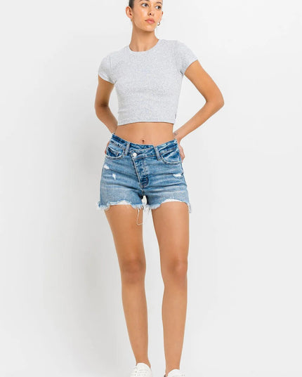 Lovervet Stepped Waist Raw Hem Denim Shorts - THE AMERICAN BLUE