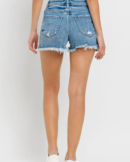 Lovervet Stepped Waist Raw Hem Denim Shorts - THE AMERICAN BLUE