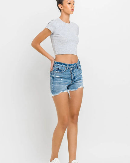 Lovervet Stepped Waist Raw Hem Denim Shorts - THE AMERICAN BLUE
