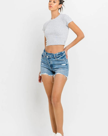 Lovervet Stepped Waist Raw Hem Denim Shorts - THE AMERICAN BLUE