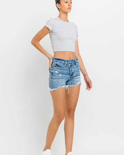 Lovervet Stepped Waist Raw Hem Denim Shorts - THE AMERICAN BLUE
