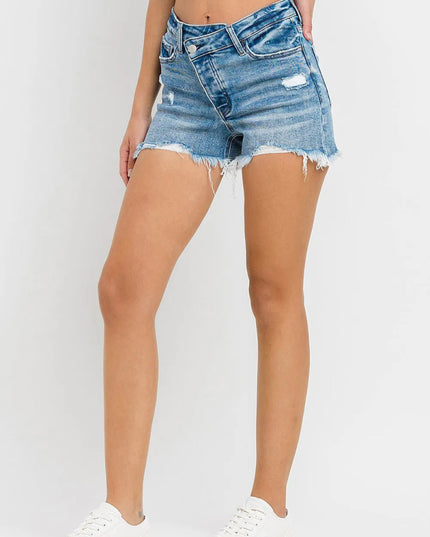 Lovervet Stepped Waist Raw Hem Denim Shorts - THE AMERICAN BLUE