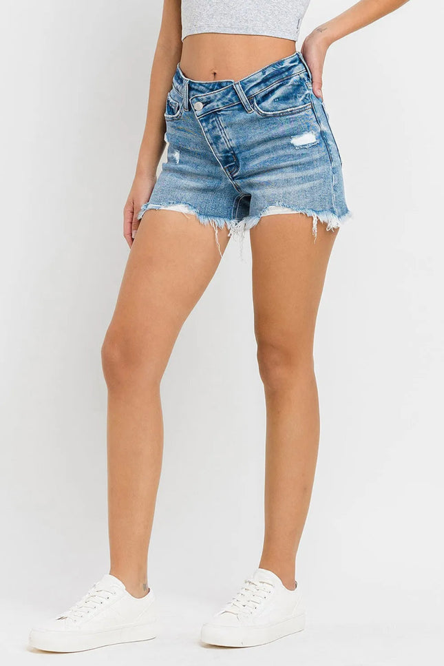 Lovervet Stepped Waist Raw Hem Denim Shorts - THE AMERICAN BLUE