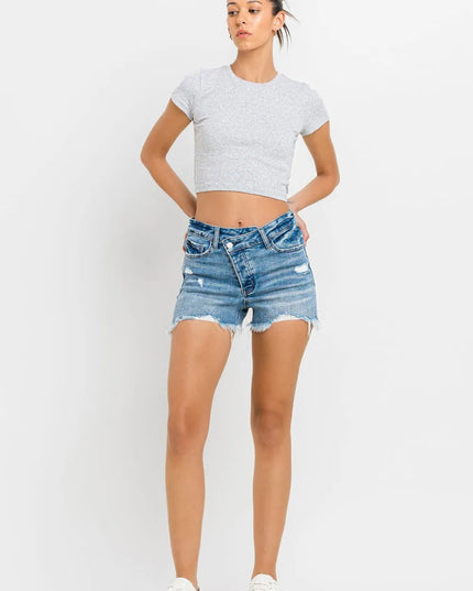 Lovervet Stepped Waist Raw Hem Denim Shorts - THE AMERICAN BLUE