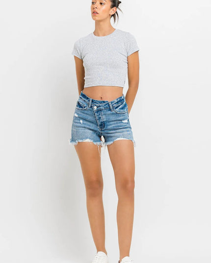 Lovervet Stepped Waist Raw Hem Denim Shorts - THE AMERICAN BLUE