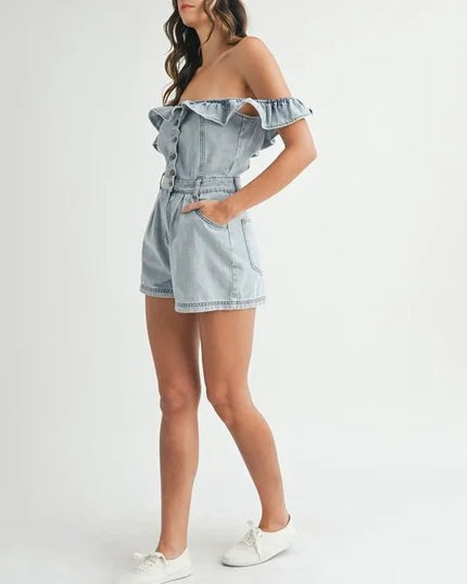 MABLE Off Shoulder Ruffle Detail Denim Romper - THE AMERICAN BLUE