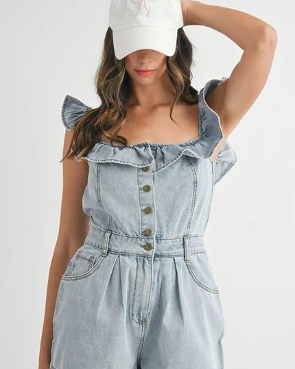 MABLE Off Shoulder Ruffle Detail Denim Romper - THE AMERICAN BLUE