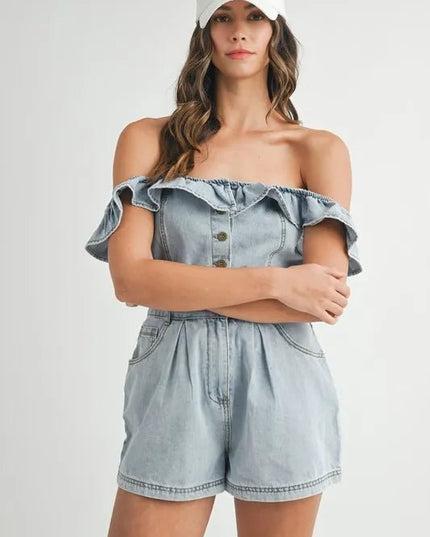 MABLE Off Shoulder Ruffle Detail Denim Romper - THE AMERICAN BLUE