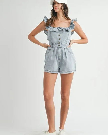 MABLE Off Shoulder Ruffle Detail Denim Romper - THE AMERICAN BLUE