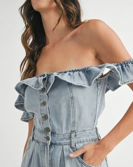 MABLE Off Shoulder Ruffle Detail Denim Romper - THE AMERICAN BLUE