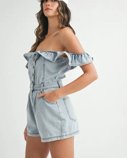 MABLE Off Shoulder Ruffle Detail Denim Romper - THE AMERICAN BLUE
