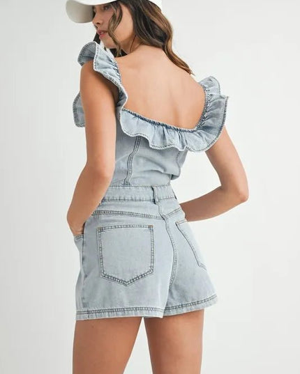 MABLE Off Shoulder Ruffle Detail Denim Romper - THE AMERICAN BLUE