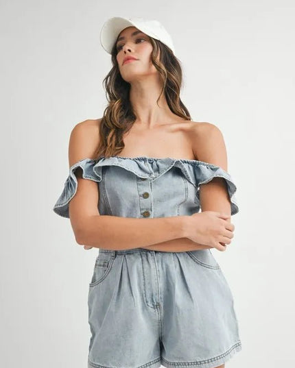 MABLE Off Shoulder Ruffle Detail Denim Romper - THE AMERICAN BLUE