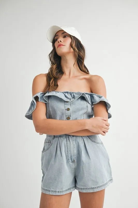 MABLE Off Shoulder Ruffle Detail Denim Romper - THE AMERICAN BLUE