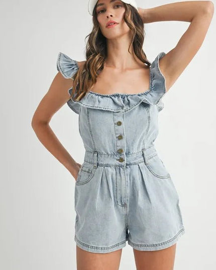 MABLE Off Shoulder Ruffle Detail Denim Romper - THE AMERICAN BLUE