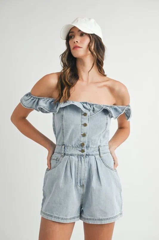 MABLE Off Shoulder Ruffle Detail Denim Romper - THE AMERICAN BLUE