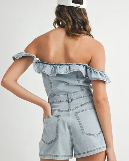 MABLE Off Shoulder Ruffle Detail Denim Romper - THE AMERICAN BLUE