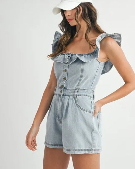 MABLE Off Shoulder Ruffle Detail Denim Romper - THE AMERICAN BLUE