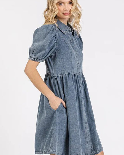 Mittoshop Button Down Puff Sleeve Denim Dress - THE AMERICAN BLUE