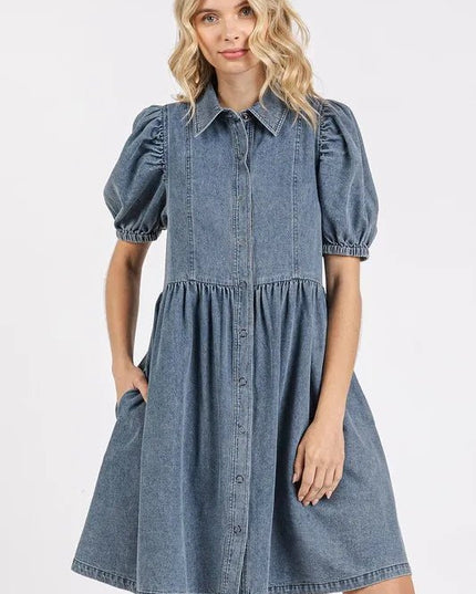 Mittoshop Button Down Puff Sleeve Denim Dress - THE AMERICAN BLUE