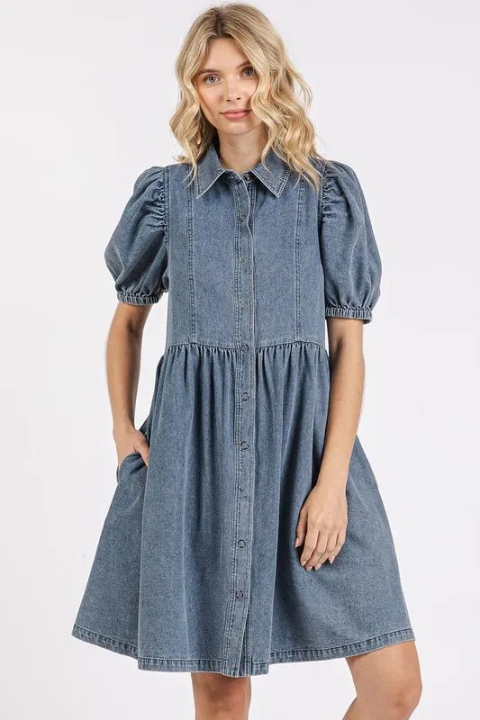 Mittoshop Button Down Puff Sleeve Denim Dress - THE AMERICAN BLUE