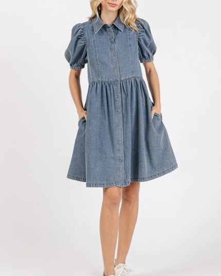 Mittoshop Button Down Puff Sleeve Denim Dress - THE AMERICAN BLUE