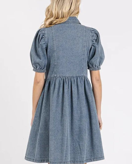 Mittoshop Button Down Puff Sleeve Denim Dress - THE AMERICAN BLUE