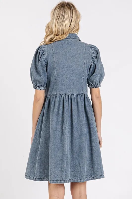 Mittoshop Button Down Puff Sleeve Denim Dress - THE AMERICAN BLUE