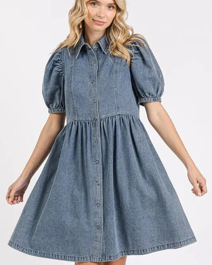 Mittoshop Button Down Puff Sleeve Denim Dress - THE AMERICAN BLUE