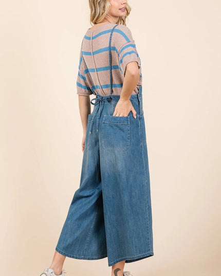Mittoshop Denim Tie Back Sleeveless Wide Leg Overalls - THE AMERICAN BLUE