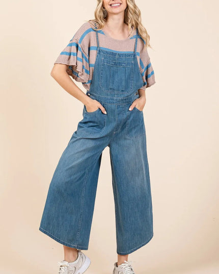 Mittoshop Denim Tie Back Sleeveless Wide Leg Overalls - THE AMERICAN BLUE