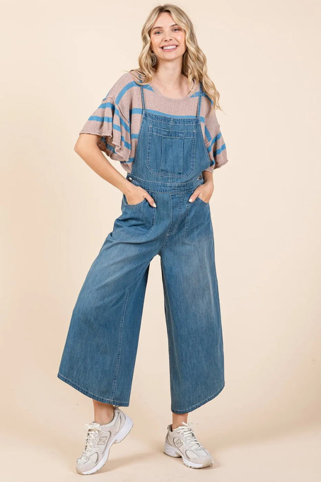 Mittoshop Denim Tie Back Sleeveless Wide Leg Overalls - THE AMERICAN BLUE