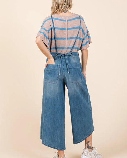Mittoshop Denim Tie Back Sleeveless Wide Leg Overalls - THE AMERICAN BLUE