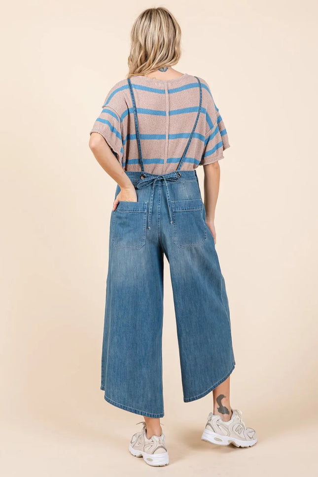 Mittoshop Denim Tie Back Sleeveless Wide Leg Overalls - THE AMERICAN BLUE